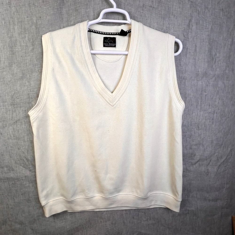 Greg Norman Fleece Vest Men's XL Cream V Neck Cotton Golf Preppy Casual Warm